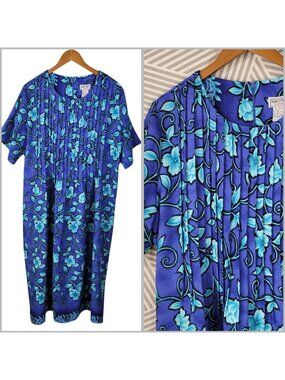Vintage Dress Plus Size 22W 3X Midi Floral Long Blue Pintuck Tie Waist alt